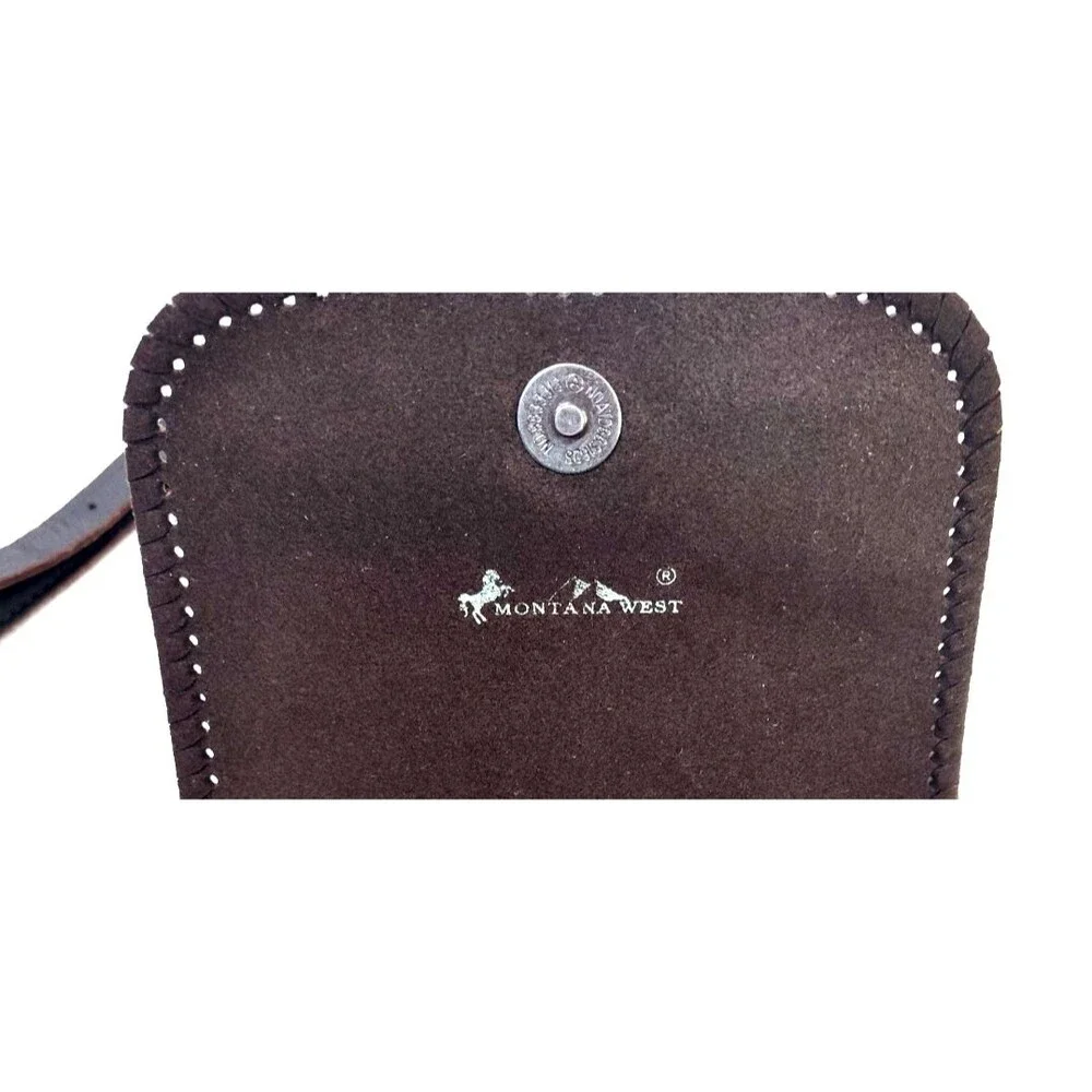 Mountain West Tooled Leather Crossbody Purse, Small, Fringed Dark Brown Handbag